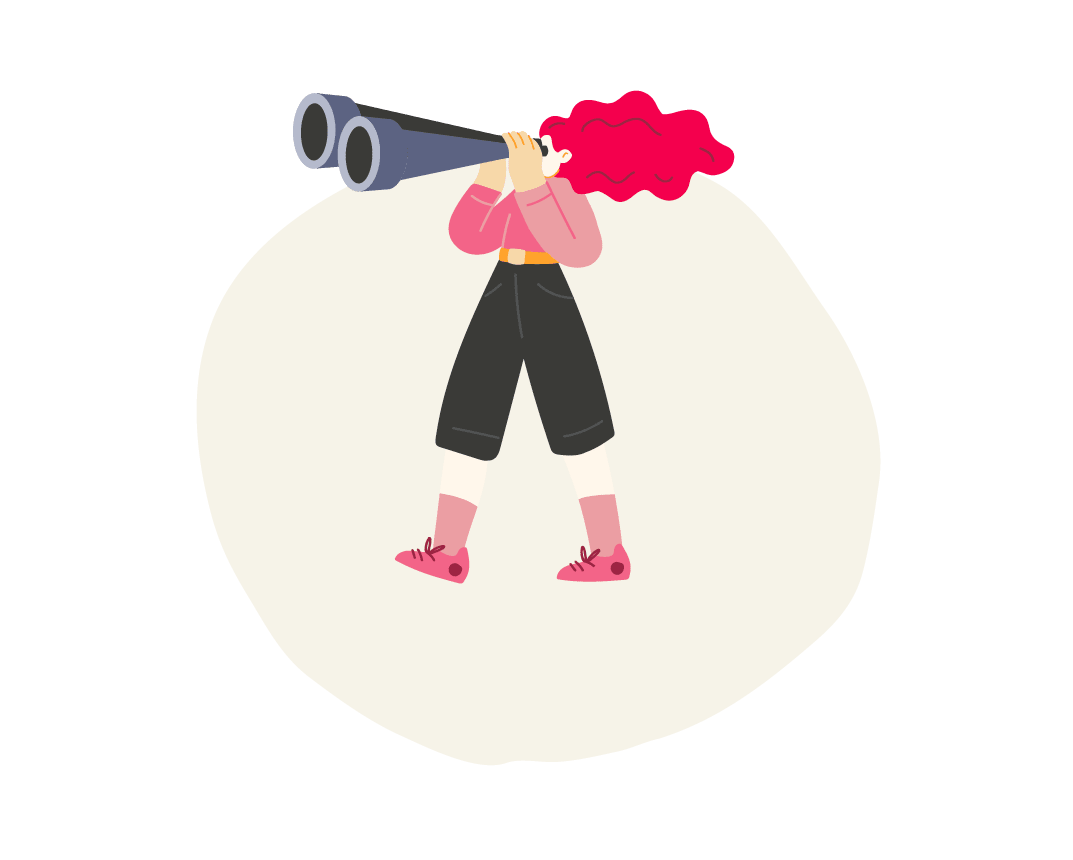 girl with pink hair uses binoculars, wearing a pink shirt and black shorts, set against a light circular background, girl binoculars illustration