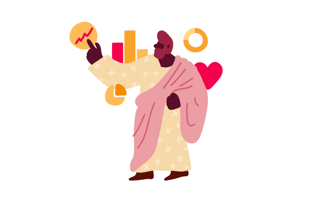 illustration of a figure in a robe holding a chart with upward trend, surrounded by colorful geometric elements, character displaying data analytics concepts with vibrant backgrounds
