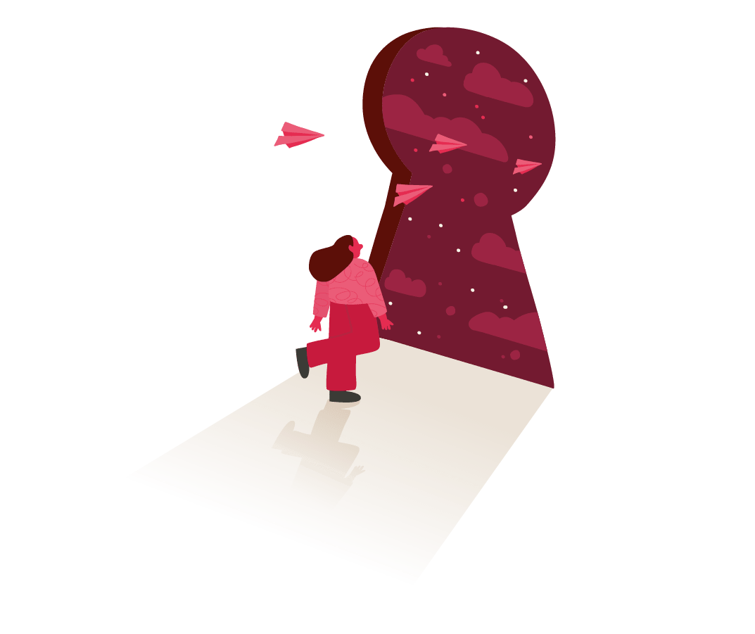 woman, keyhole, paperairplanes, dreamylandscape