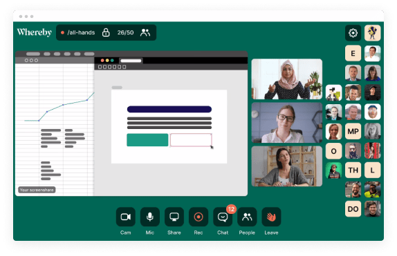 screen sharing video call with participants, online collaboration on presentation and data analysis, virtual meeting interface with chat and tools