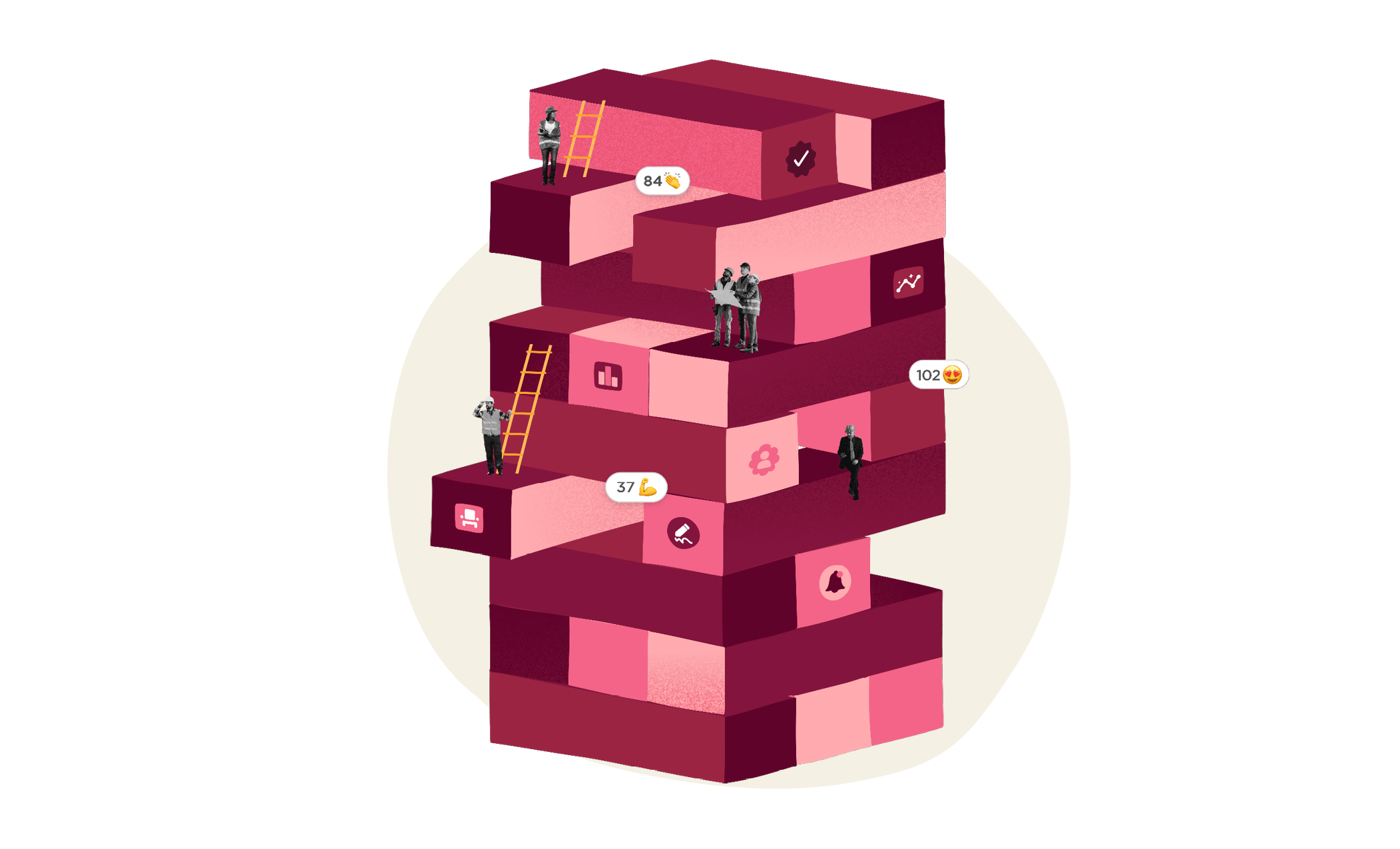 visual representation of success metrics with people scaling colorful blocks, illustration depicting data analysis with ladders and figures