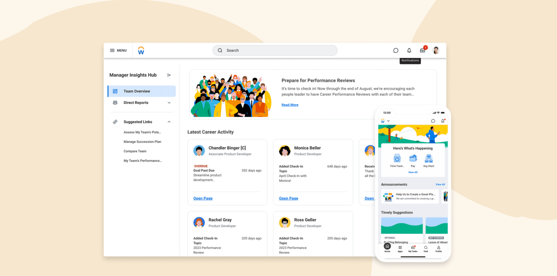 manager insights hub, performance reviews team overview notifications mobile app