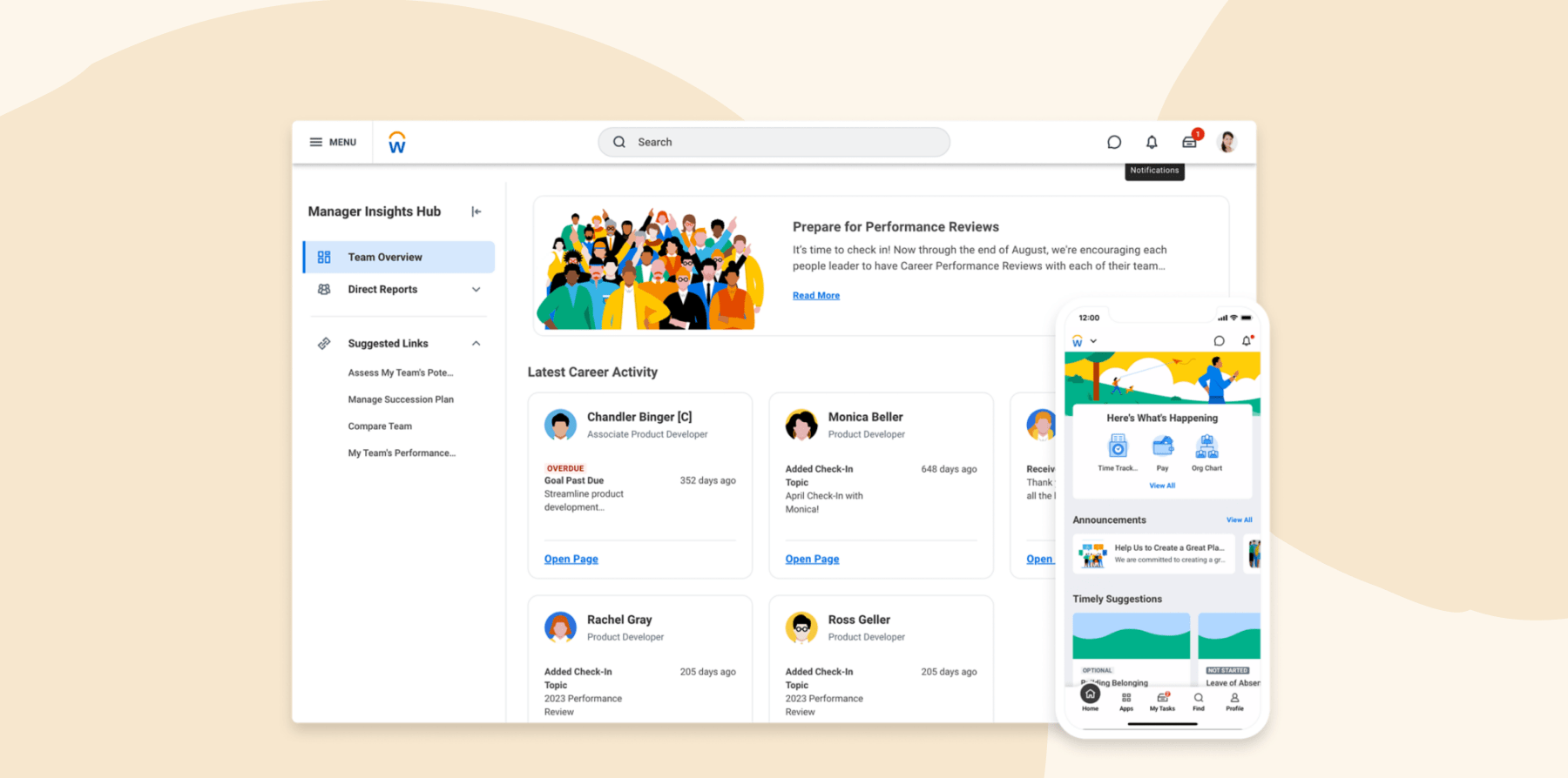 manager insights hub user interface, performance review announcements and career activities for employees