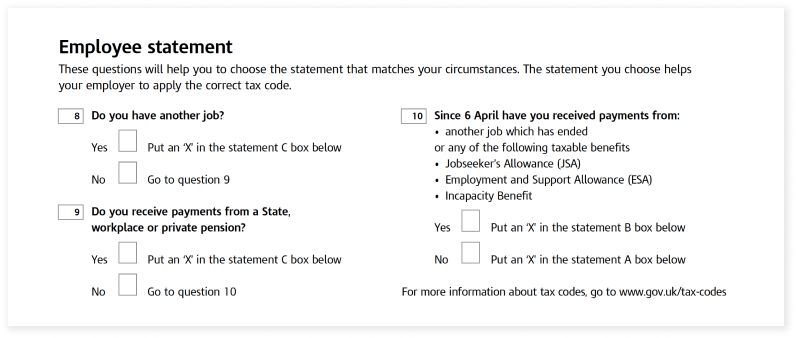 Employee statement form with tax-related questions; includes checkboxes for job status and benefits received. , employee_statement, tax_questions