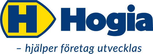 Hogia logo, featuring a bold yellow and blue color scheme with the tagline "hjälper företag utvecklas" below. Hogia, hjälper företag utvecklas