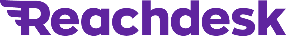 Reachdesk logo with a stylized wing, featuring bold purple text, symbolizing innovation and digital marketing. Reachdesk, logo, digital marketing