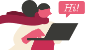 Illustration of a person with a flowing cape, riding a skateboard while working on a laptop, with a speech bubble saying 'Hi!' and a cup of coffee in the background.