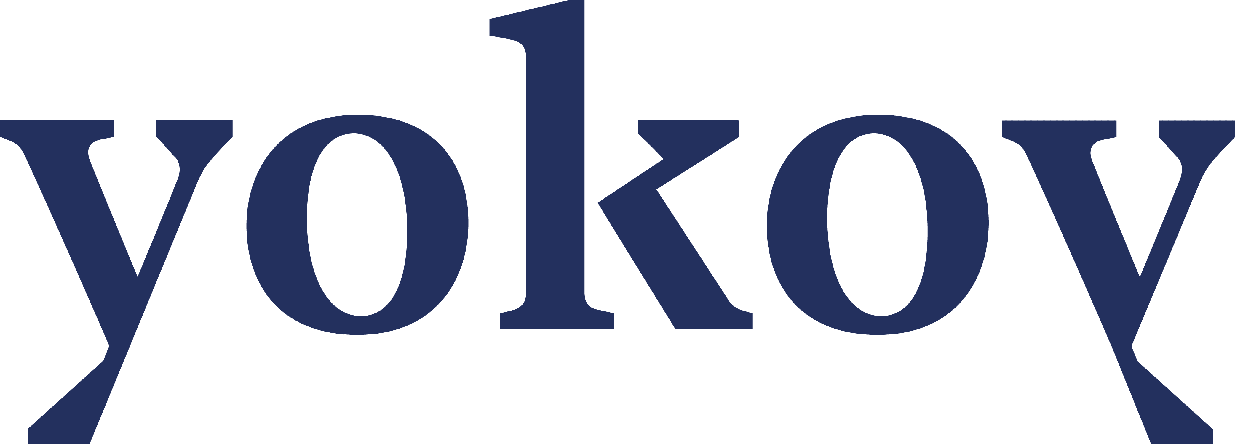 yokoy logo in dark blue against a transparent background, representing a modern brand identity, minimalist design with bold lettering