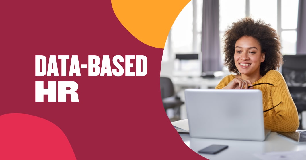 data-based HR, smiling woman in yellow sweater working on laptop in modern office setting with colorful background