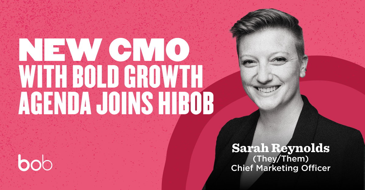 new cmo announcement for hibob featuring sarah reynolds with bold text and pink background, sarah reynolds cmo hibob announcement