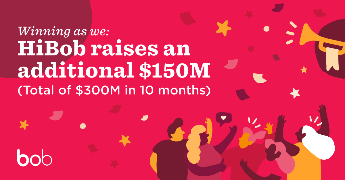 HiBob raises $150M; celebration illustration with dynamic graphics showcases success and team spirit. , HiBob, fundraising