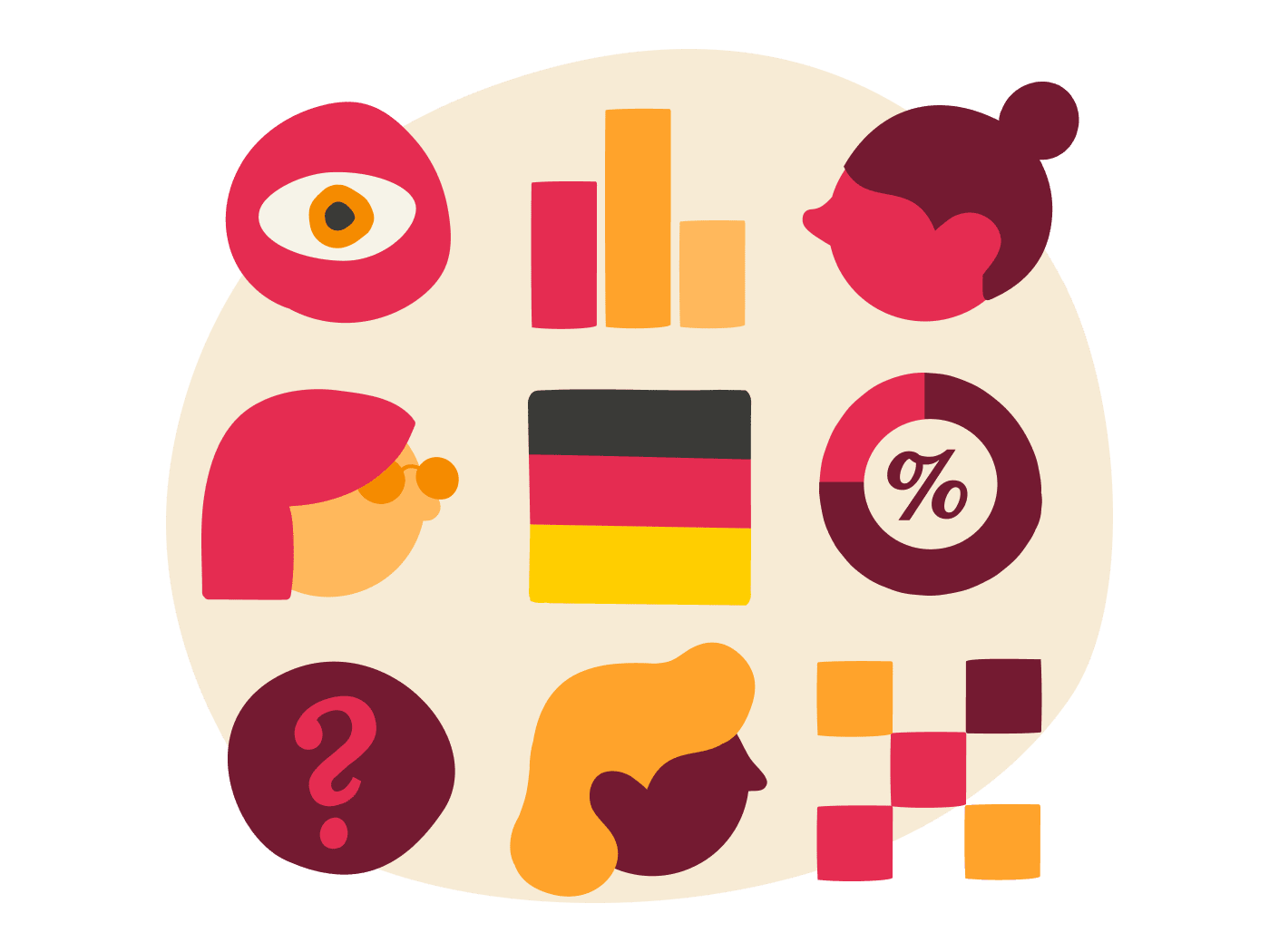 icons of analysis, questions, and data, featuring German flag, graphs, and diverse faces, colorful digital symbols showcasing thoughts and statistics