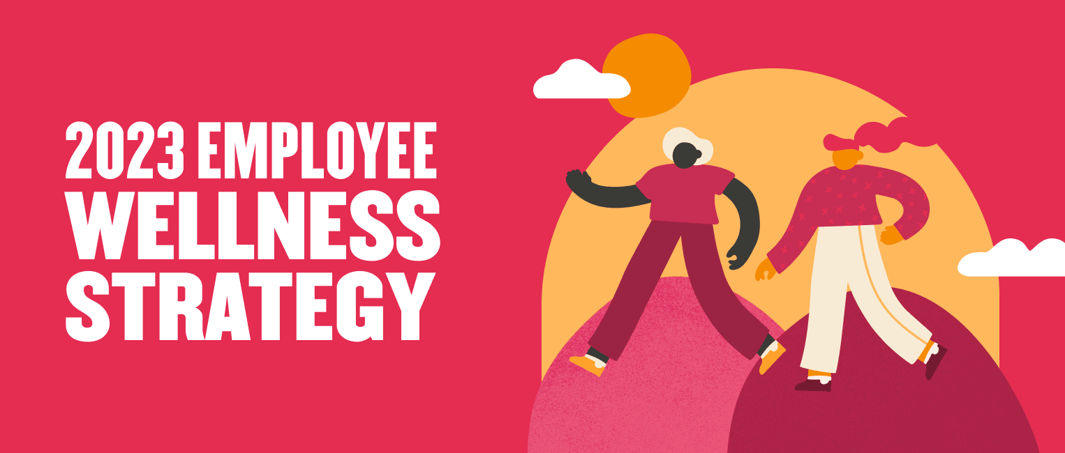 2023 employee wellness strategy with vibrant graphics of walking figures against a bright background, colorful illustration promoting health