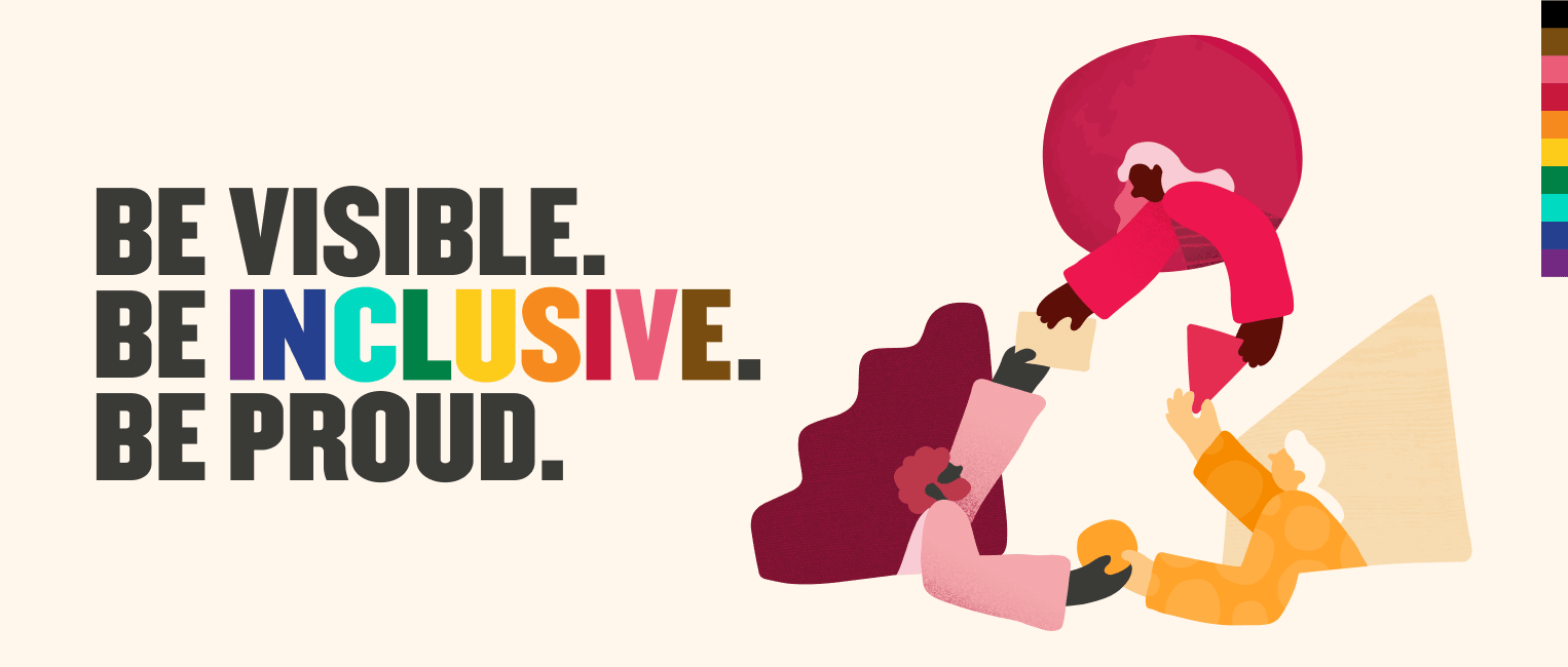 be visible inclusive proud colorful illustration diverse community, inclusive graphic design promote visibility and pride