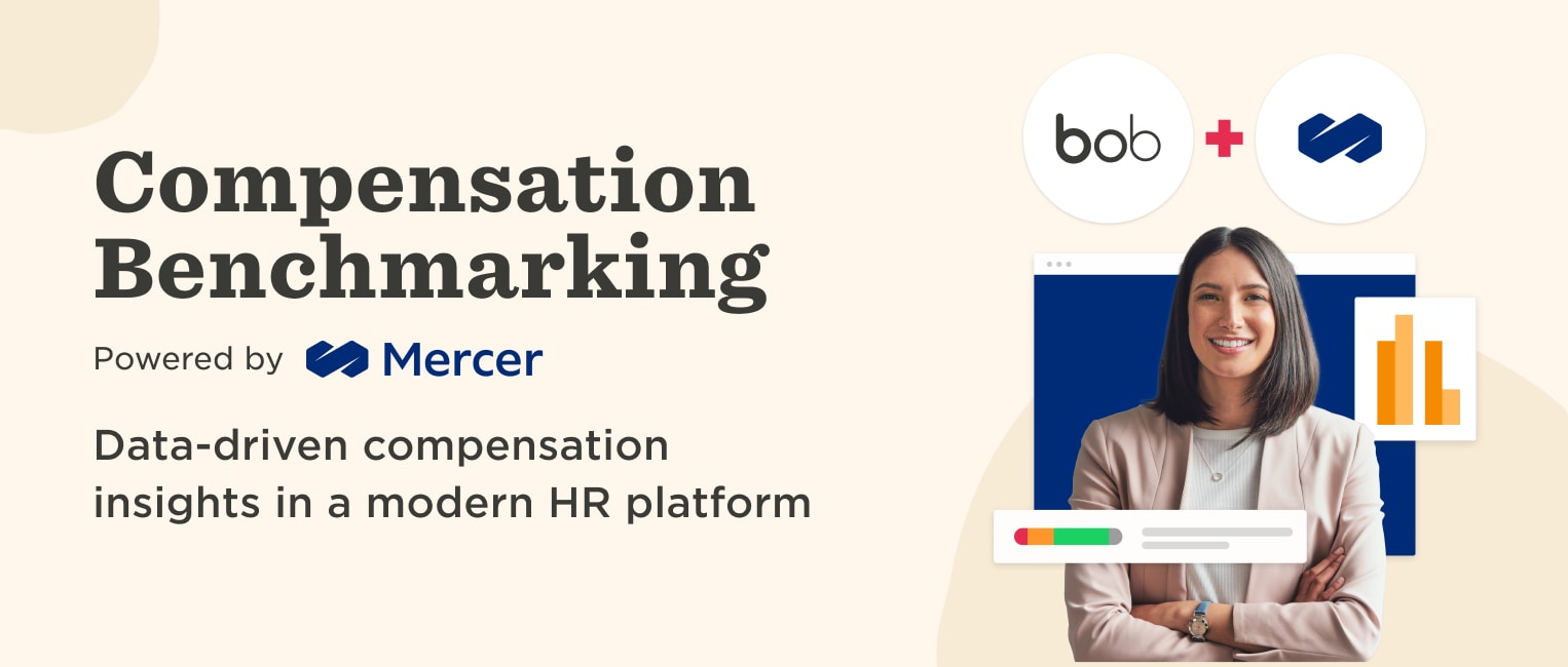 Compensation Benchmarking powered by Mercer, featuring a smiling woman alongside data insights and brand logos. Data-driven HR. , CompensationBenchmarking, DataInsightsHR