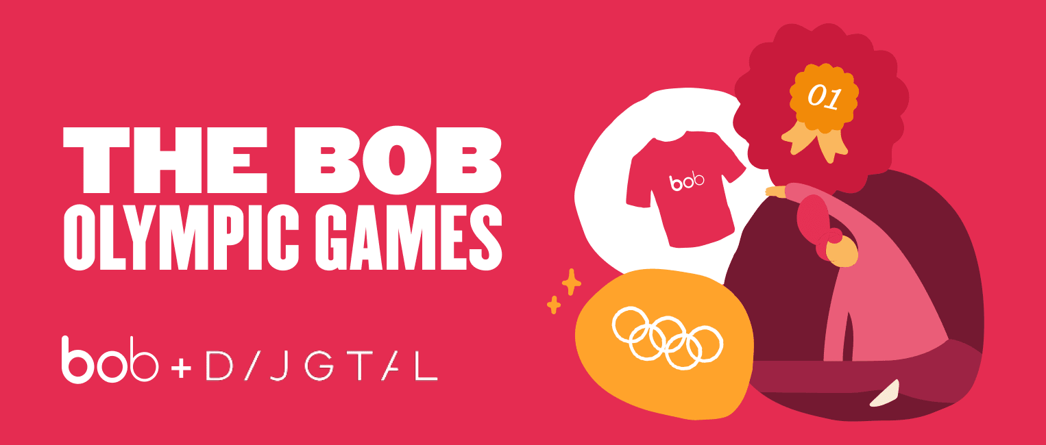 bob olympic games, colorful illustration of a woman holding a shirt and medal with Olympic rings in background