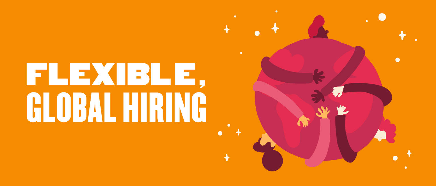 flexible global hiring illustration with diverse hands embracing a globe on bright orange background, diverse teamwork concept art