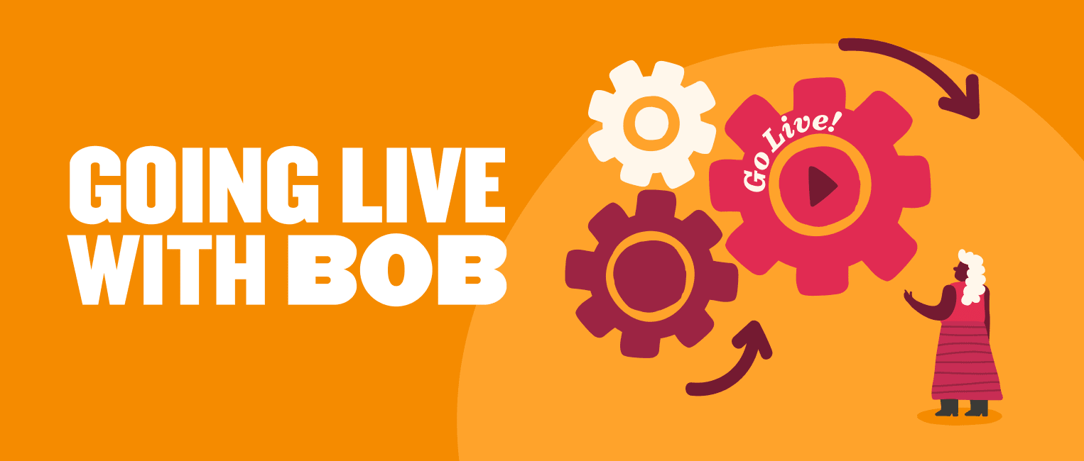 going-live-bob-orange-background, illustration-gears-play-button