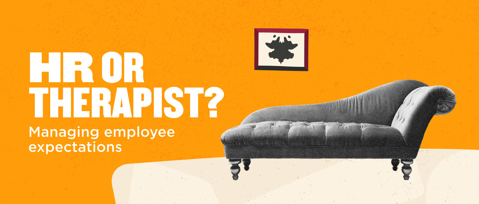 HR or Therapist? A stylized couch against an orange backdrop, highlighting employee expectation management. , HR, Therapist