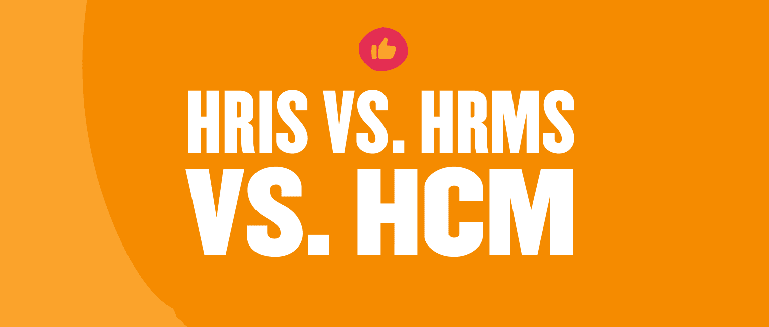HRIS vs. HRMS vs. HCM comparison on vibrant orange background highlighting key HR software terms, HR terminology graphic design