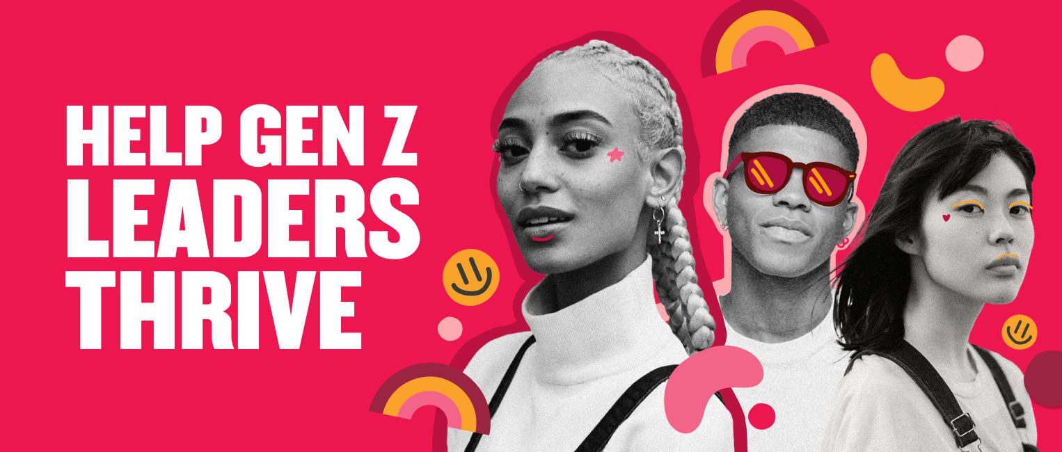 help gen z leaders thrive with diverse personalities and vibrant graphics on a bright pink background, youth empowerment and creativity
