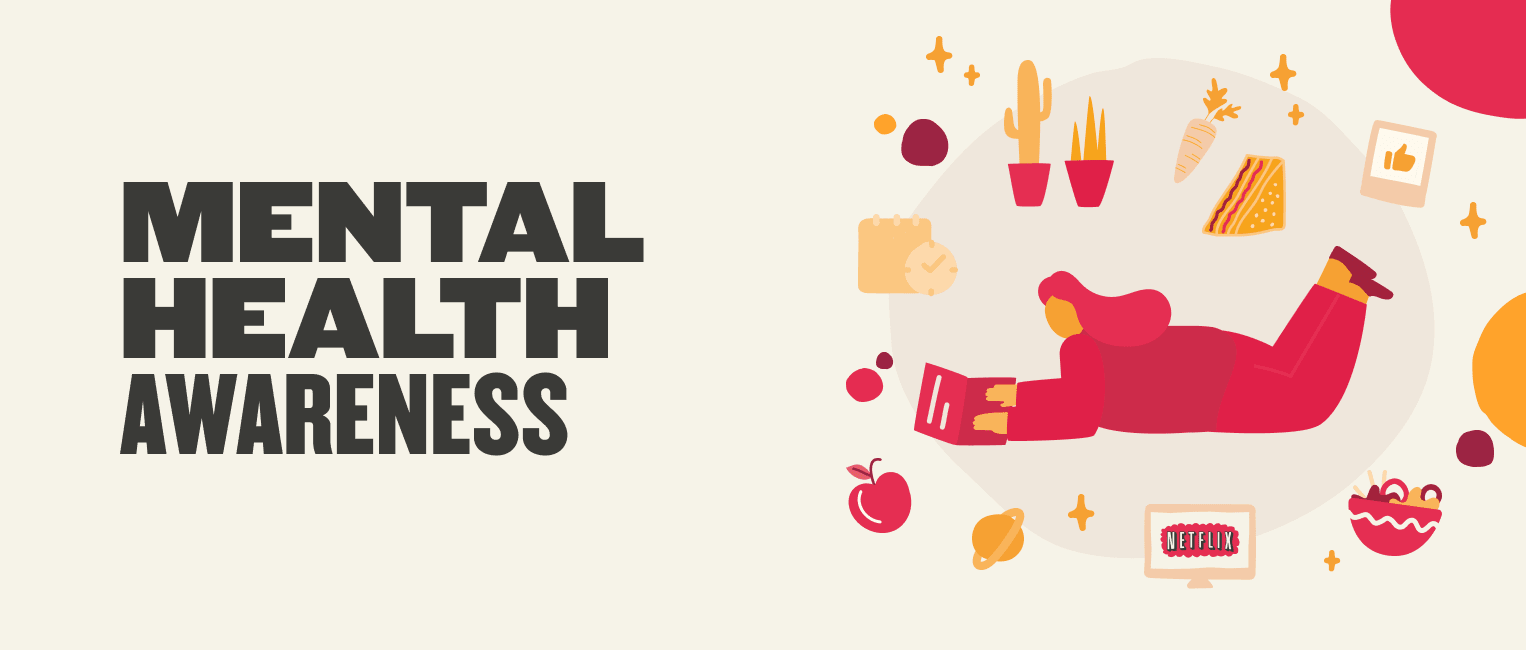 mental health awareness illustration, person relaxing with snacks and Netflix surrounded by plants and icons