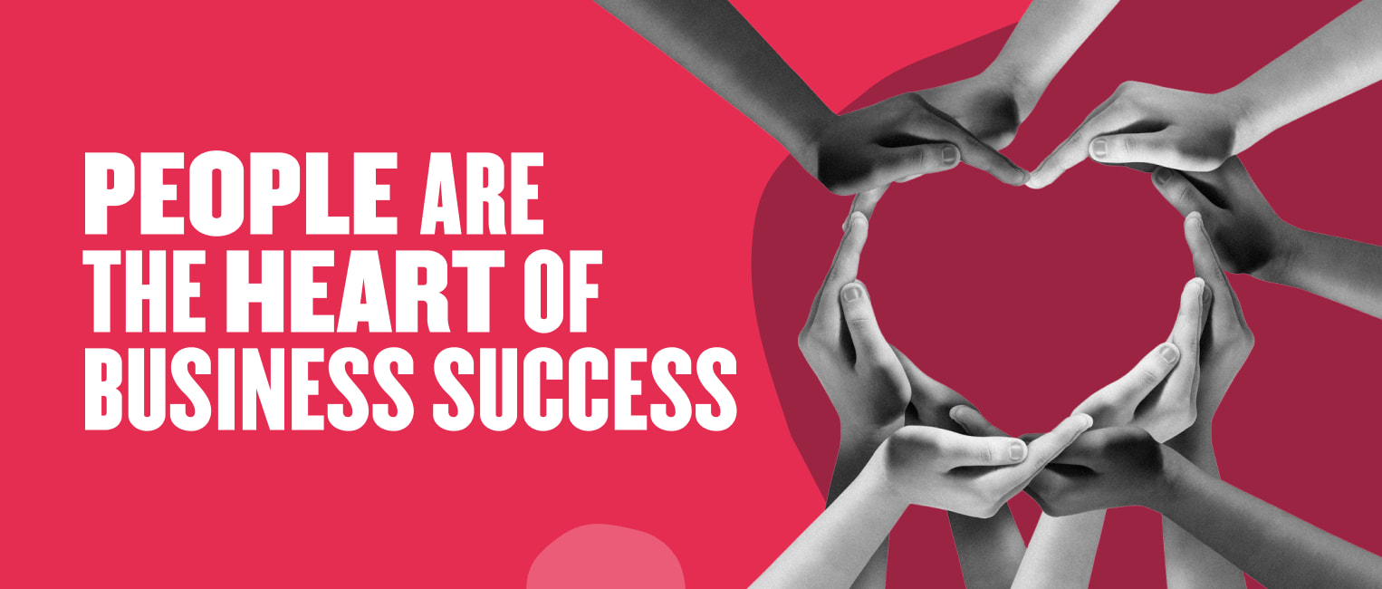 people hands forming heart shape on pink background, emphasizing teamwork and business success, text reads 'People are the heart of business success'