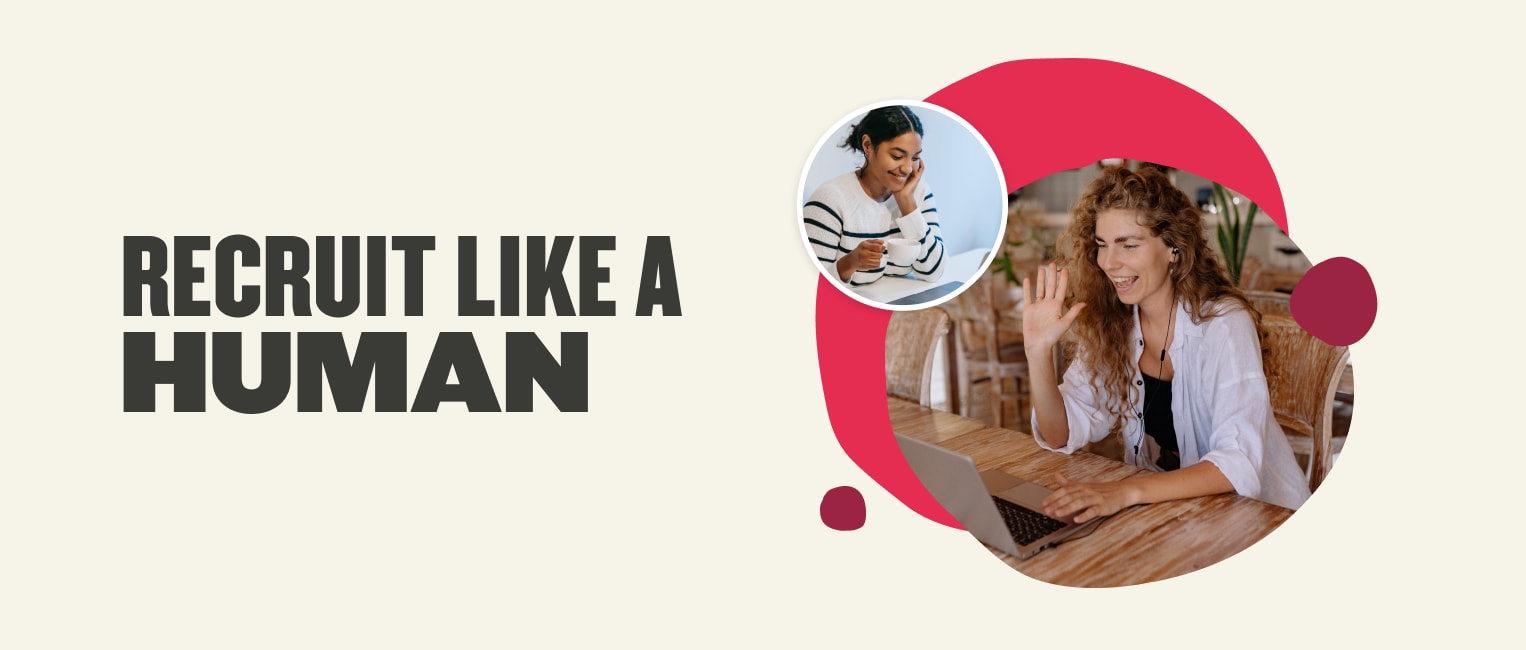 recruitment concept with smiling woman on laptop and cheerful person in circle, human connection and technology in hiring