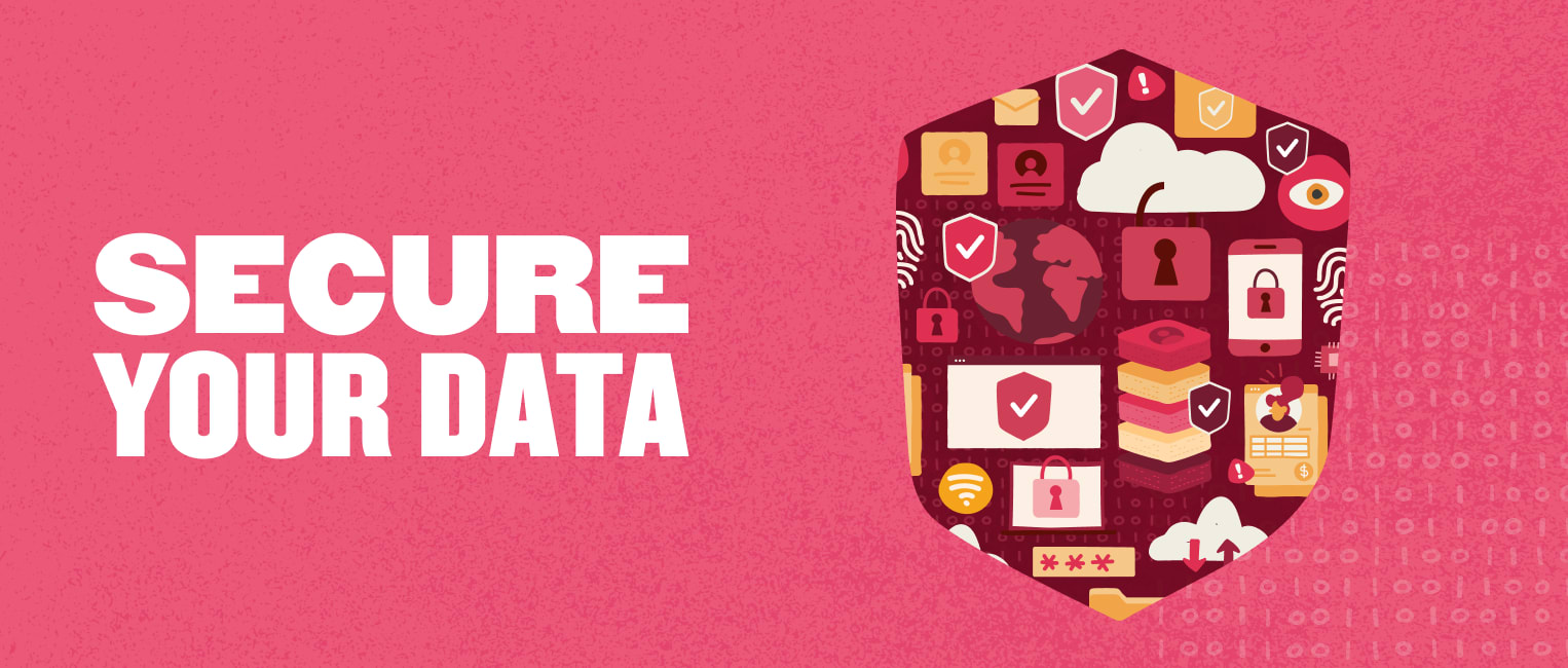 secure your data, data security shield with icons for protection, cloud storage, and digital privacy elements