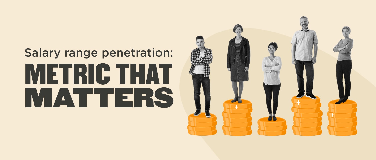 salary range penetration graphic with diverse people standing on coin stacks, emphasizing salary metrics, diverse group representing salary metrics analysis