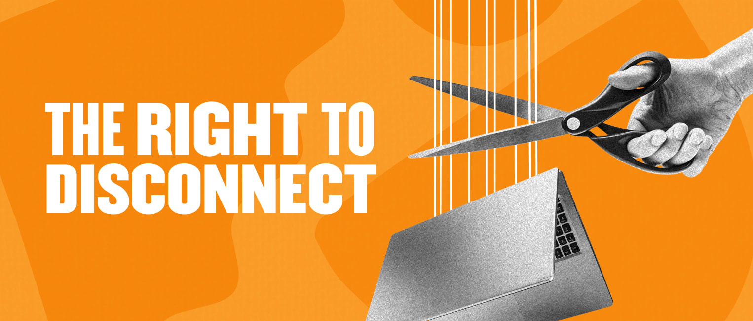 right to disconnect, hand cutting laptop cord with scissors on orange background