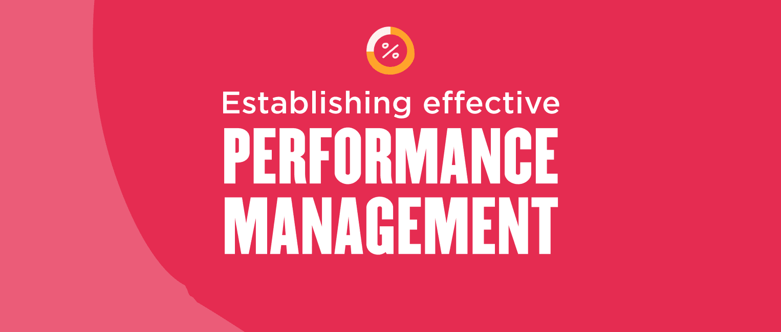 establishing effective performance management, red background with white bold text and a circular graphic element