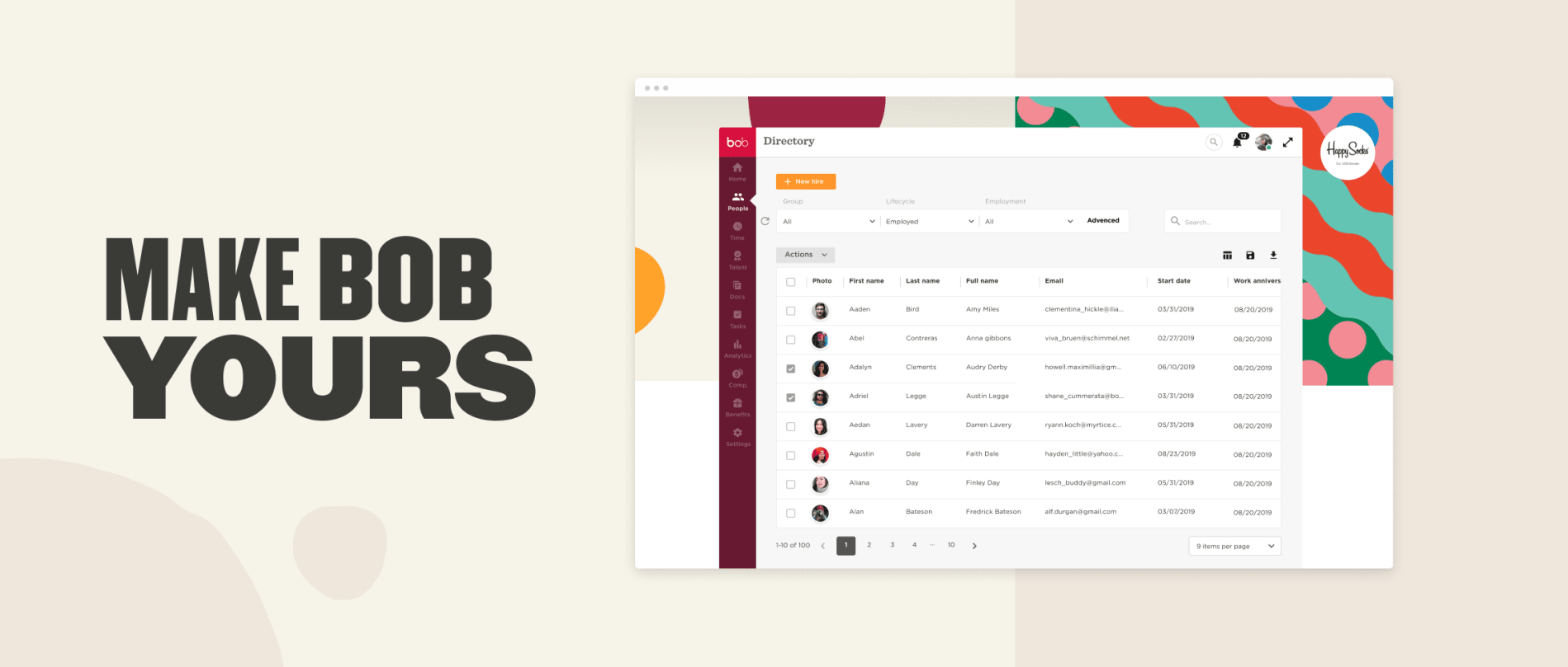 make bob your own, employee directory interface with user list and colorful design elements