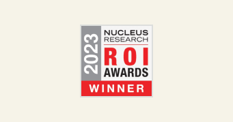 2023 Nucleus Research ROI Awards winner badge with prominent text highlights, Award logo featuring bold red and black elements