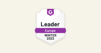 Leader badge for G2, Europe, Winter 2022 recognition with purple and white design. Highlights top software or service.
