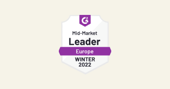 Mid-Market Leader Europe badge WINTER 2022 from G2, Recognition of excellence in the mid-market sector for Europe