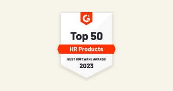 Top 50 HR Products award badge for 2023, G2 Best Software Awards recognition seal