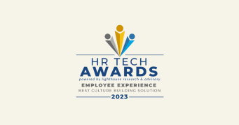 HR Tech Awards logo showcasing 'Employee Experience' and 'Best Culture Building Solution' for 2023, HR Tech Awards logo with figures representing collaboration and success