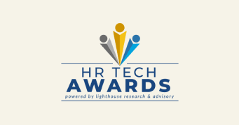 HR Tech Awards logo with three stylized figures in gray, blue, and gold, representing innovation in HR technology, Lighthouse Research & Advisory branding.