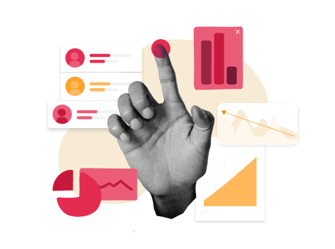 hand reaching towards data charts and graphs, visual representation of analytics and metrics in a business context