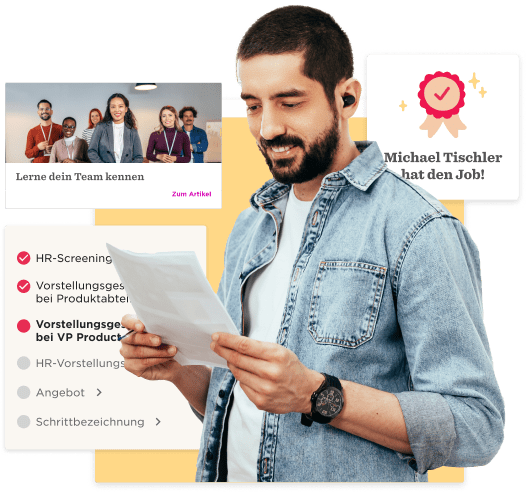 job candidate reading application, diverse team with checklist elements and success message