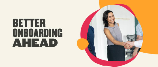 better onboarding ahead, professional business handshake in a modern office setting with colorful design elements