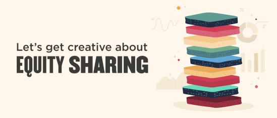 equity sharing concept with colorful stacked blocks and data graphics for creativity and collaboration, vibrant visual representation of teamwork and innovation