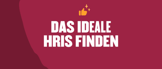 Das ideale HRIS finden, Raum im Hintergrund mit rotem Farbton und hervorgehobenem Text in Weiß und Symbolen