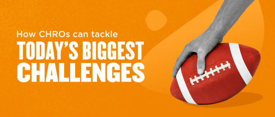 hand holding a football on orange background with text about CHRO challenges, visual representation of tackling HR challenges