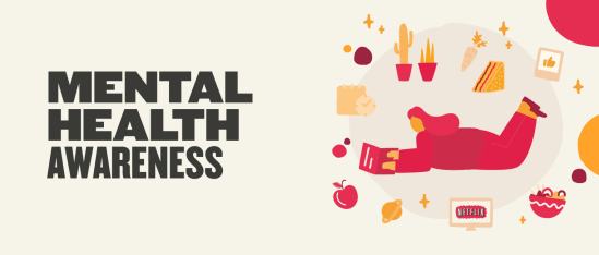 mental health awareness illustration, person relaxing with snacks and Netflix surrounded by plants and icons