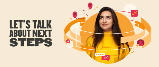 let's talk about next steps, young woman in yellow sweater with icons representing career growth and communication