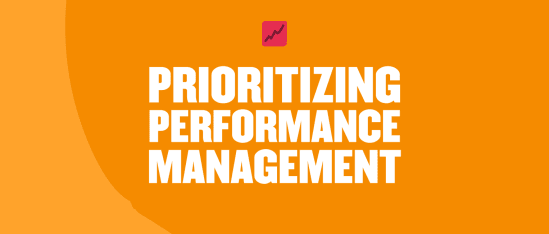 prioritizing performance management on orange background with growth icon, bold text with vibrant color for emphasis
