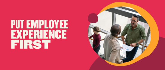 put employee experience first visual with engaged colleagues discussing ideas in a modern office setting, team collaboration in bright creative environment