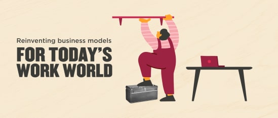 reinventing business models for today's work world, worker using tools near a desk with a laptop and toolbox